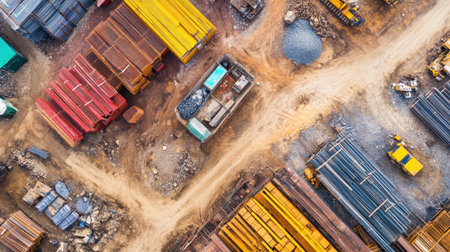 Building materials neatly arranged and tracked using RFID in a modern construction yardの素材