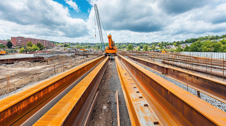 Autonomous robotic welding arm joining steel beams on a bridge under constructionの素材