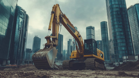 Excavator digging out parking lot base beside high-rise construction, rebar and concrete forms nearbyの素材