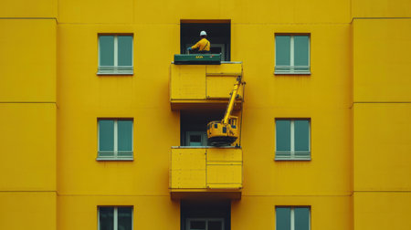 Automated construction robot painting exterior walls on a multi-story building with precision spray technologyの素材