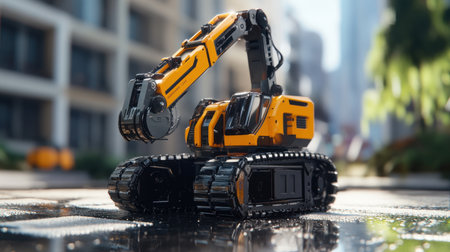 Compact construction robot operating independently, transporting heavy materials across a futuristic building siteの素材