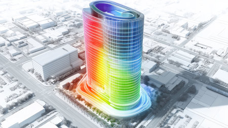Commercial tower BIM model highlighting sustainability metrics and airflow studyの素材