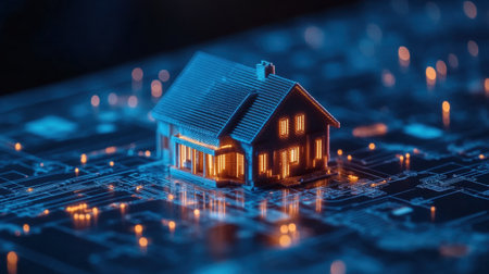 Blueprint and digital screen showing D printed house plan beside active siteの素材