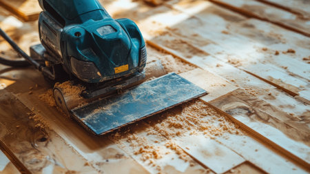 Electric sander and sanding sheets placed on plywood with sawdust scattered aroundの素材