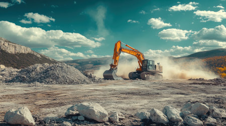 Excavator breaking ground on a hillside project with dust rising and scattered boulders in the foregroundの素材