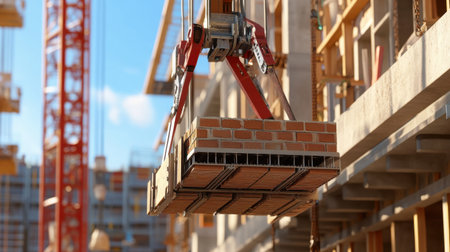 Autonomous construction robot laying bricks precisely at a modern building projectの素材