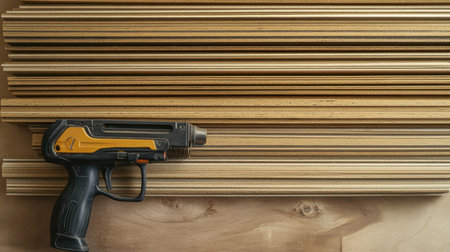Nail gun placed next to stacks of plywood with nails and adhesive visibleの素材