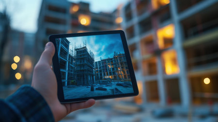 Architectural and structural drawings open on digital tablet at construction zoneの素材