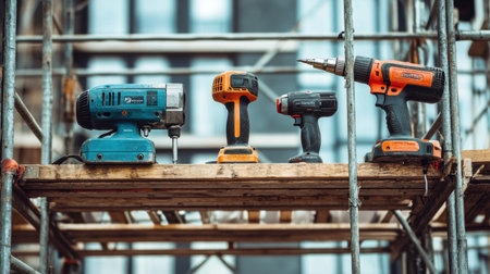 Power tools including grinder, drill, and sander lined up on steel scaffolding platformの素材