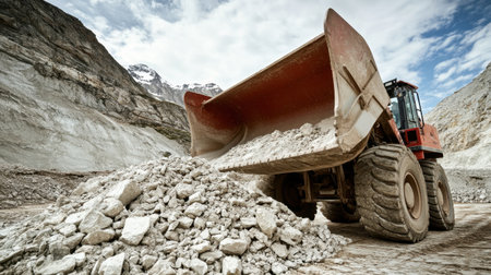 Front view of a wheel loader with a raised bucket filled with crushed stone at a quarryの素材