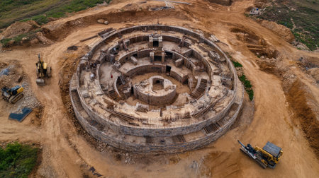 High-resolution drone view of construction zone showing machinery and partially built structuresの素材
