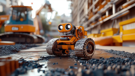 Autonomous construction robot laying bricks on a building site with precision and speed, surrounded by construction materials and machineryの素材