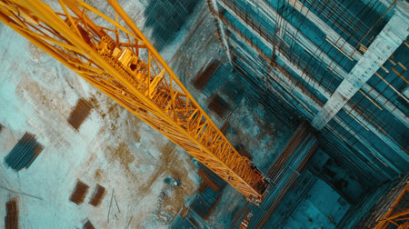 Aerial drone shot of cranes and steel framework at construction site with active work zonesの素材