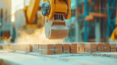 Autonomous construction robot laying bricks precisely at a modern building projectの素材