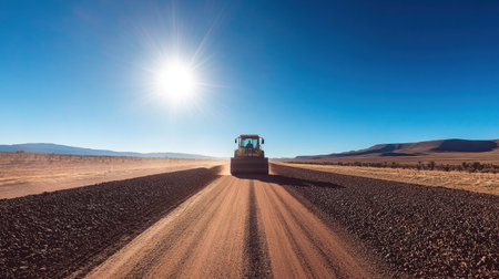 Large compactor roller operating on a rural dirt road under bright sunlight and clear blue skiesの素材