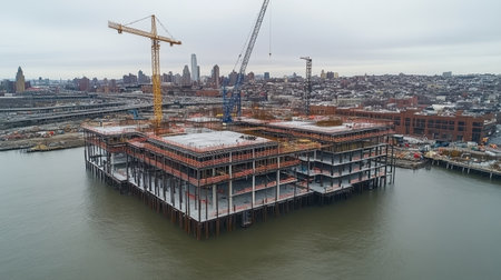 Aerial view of a modern construction site with cranes, steel beams, and concrete slabsの素材