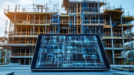 Architectural and structural drawings open on digital tablet at construction zoneの素材
