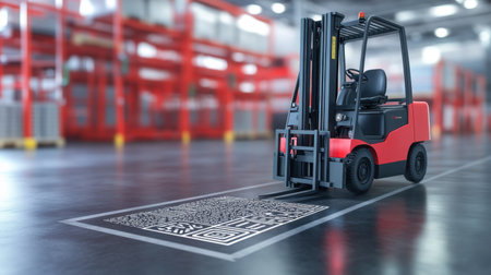 Automatic forklift navigating warehouse using QR codes on floorの素材