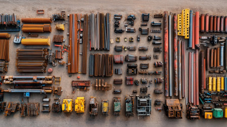 Birds-eye drone view of construction materials stored in grid formation onsiteの素材