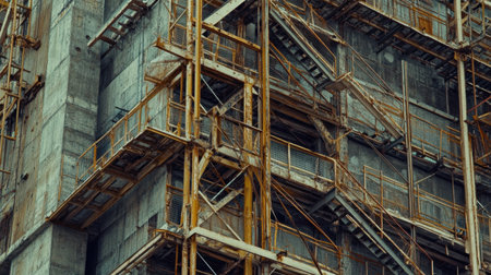Detailed view of steel framework and concrete foundation under development in a large-scale construction engineering siteの素材