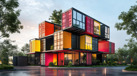 High-tech construction site with modular building units stacked and assembledの素材