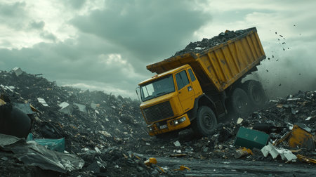 Dump truck lifting hydraulic bed to release debris into a landfill zoneの素材
