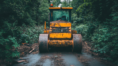Abandoned road roller parked on unpaved lot surrounded by weeds and toolsの素材
