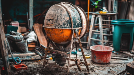 Dirty concrete mixer sitting on an active site with tools and debrisの素材