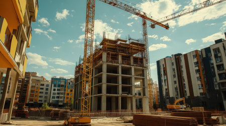 Urban redevelopment zone featuring multiple cranes and structural assembliesの素材