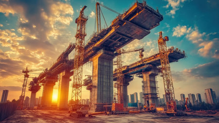 Infrastructure build site with large concrete beams placed via automated liftersの素材