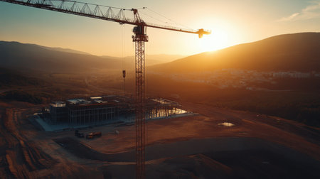 Crane with hook hanging mid-air over an empty construction site during early morningの素材