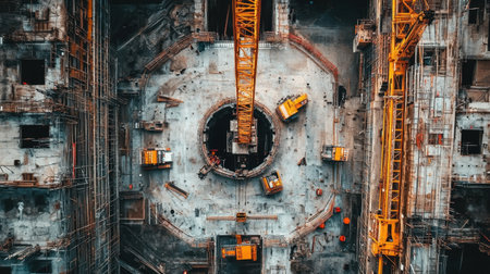 Aerial view of multiple cranes working on a stadium project surrounded by open frameworkの素材