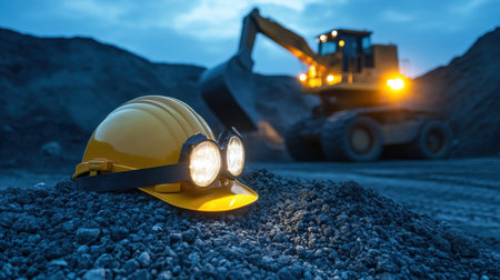 Construction helmet with attached headlamp resting on gravel pile near machineryの素材