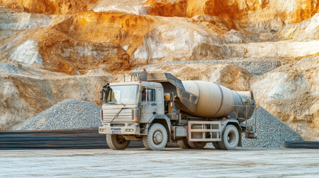 Concrete mixer truck parked at construction site surrounded by gravel piles and steel rodsの素材