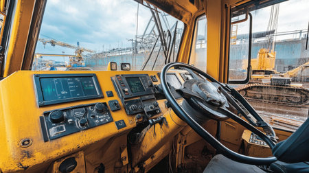 Crane cab close-up showing levers, joysticks, and digital panels from the operator's perspectiveの素材