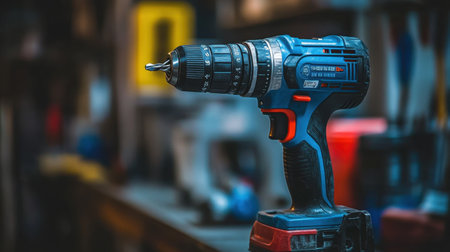 Close-up of power tool controls and buttons on battery-powered drillの素材