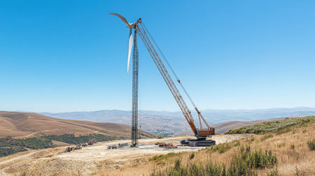 Crane extended beside wind turbine during installation on a hilltop green energy siteの素材