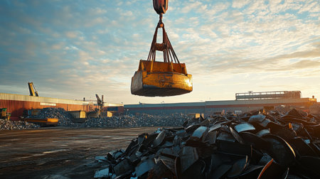 Crane with magnet attachment lifting scrap metal at a recycling facilityの素材