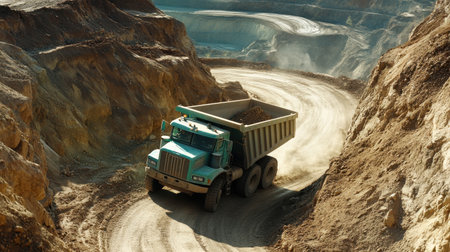 Dump truck navigating tight turn on mountainous dirt path near excavation zoneの素材