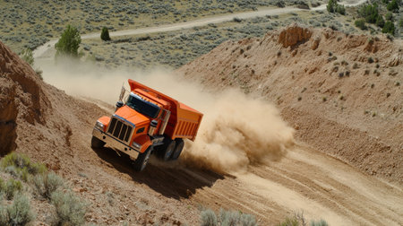 Dump truck climbing steep hill on dirt construction path, leaving trail of dustの素材