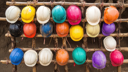 Collection of safety helmets in various colors stacked neatly on construction scaffoldingの素材