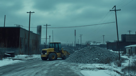 A wheel loader pushing piles of crushed rock under overcast skies at an industrial siteの素材