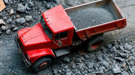 Bright red dump truck tilted, unloading gravel beside a rebar-framed road projectの素材
