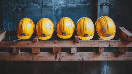 Close-up of bright yellow safety helmets lined up on a construction site bench, ready for useの素材