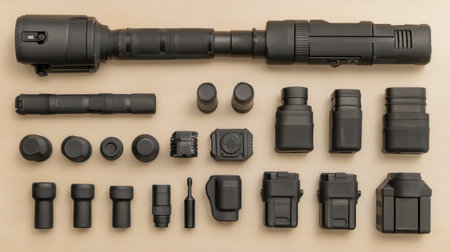 Electric impact wrench and socket set neatly arranged on plywood surfaceの素材