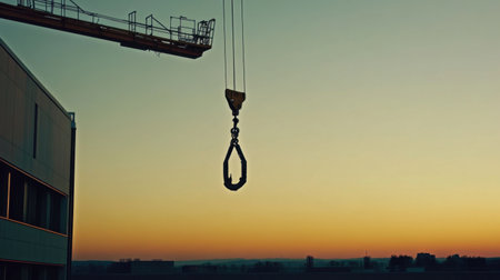 Crane with hook hanging mid-air over an empty construction site during early morningの素材