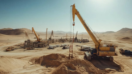 Crane working in desert terrain beside oilfield infrastructure under a bright sunの素材