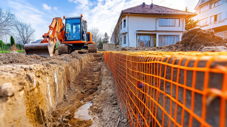 Excavator positioned beside a trench with orange safety netting and unfinished concrete foundation wallsの素材