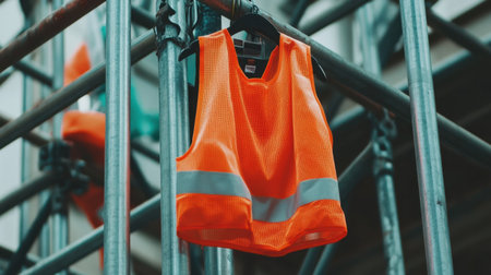 High-visibility orange safety vest hanging on scaffolding with steel beams in the backgroundの素材