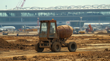 Heavy-duty concrete mixer at airport runway extension project siteの素材